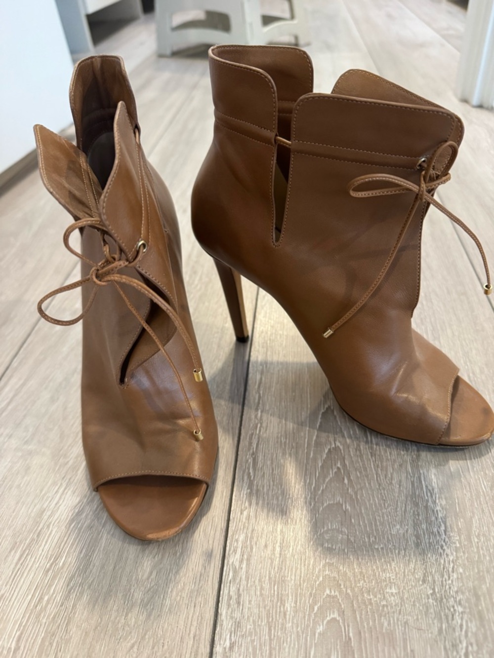 Jimmy Choo Tan Leather Open-Toe Lace-Up Ankle Boots